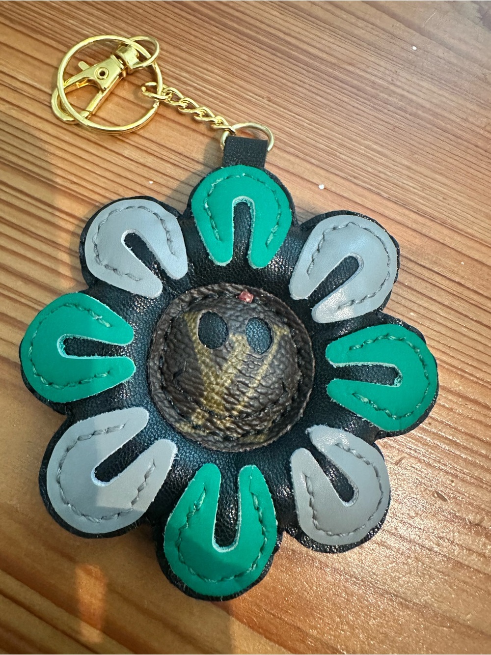 Upcycled LV Leather Flower Bag Charm in Green, Gray & Black
